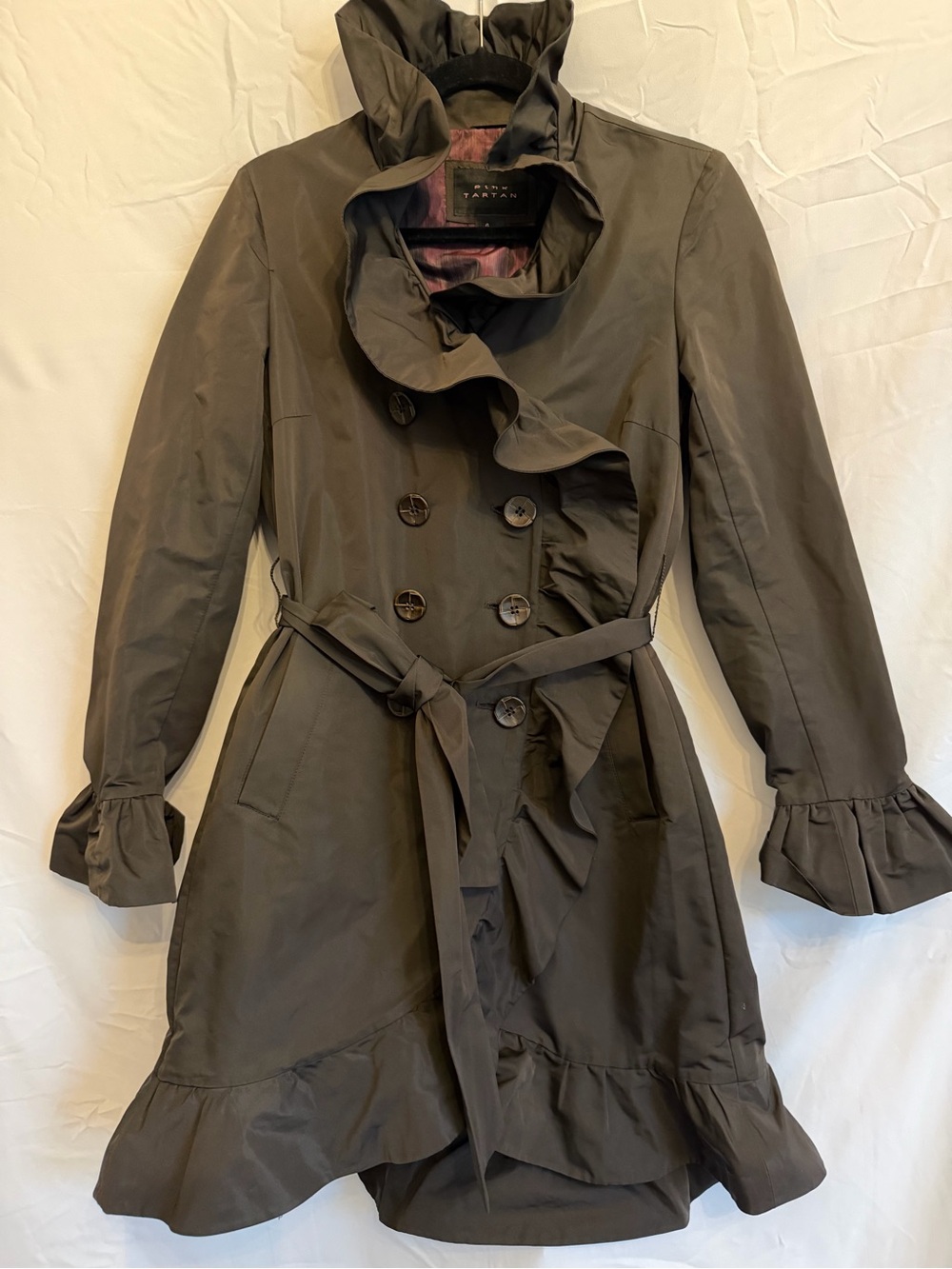 Pink Tartan Olive Green Ruffle Trench Coat Belted Double Breasted Size 4